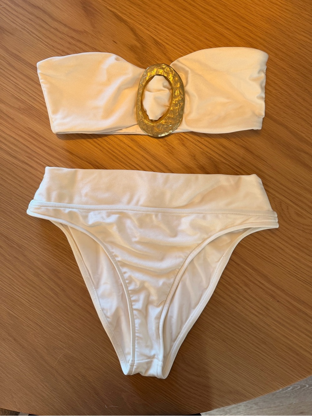 Cult Gaia Aradhya bikin set; White Bandeau Bikini Set with Gold Accent
